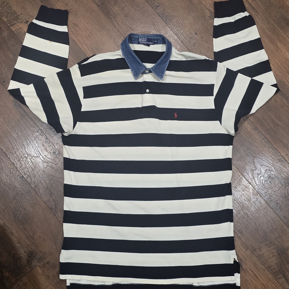 Polo Ralph Lauren Black and White Striped Polo with Denim Collar